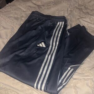 Adidas Dark Blue Track Pants with Light Gray Stripes